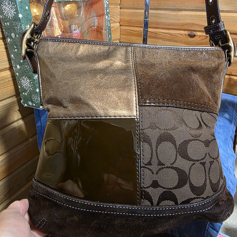 Coach Brown Suede  and Gold Patchwork Shoulder Bag